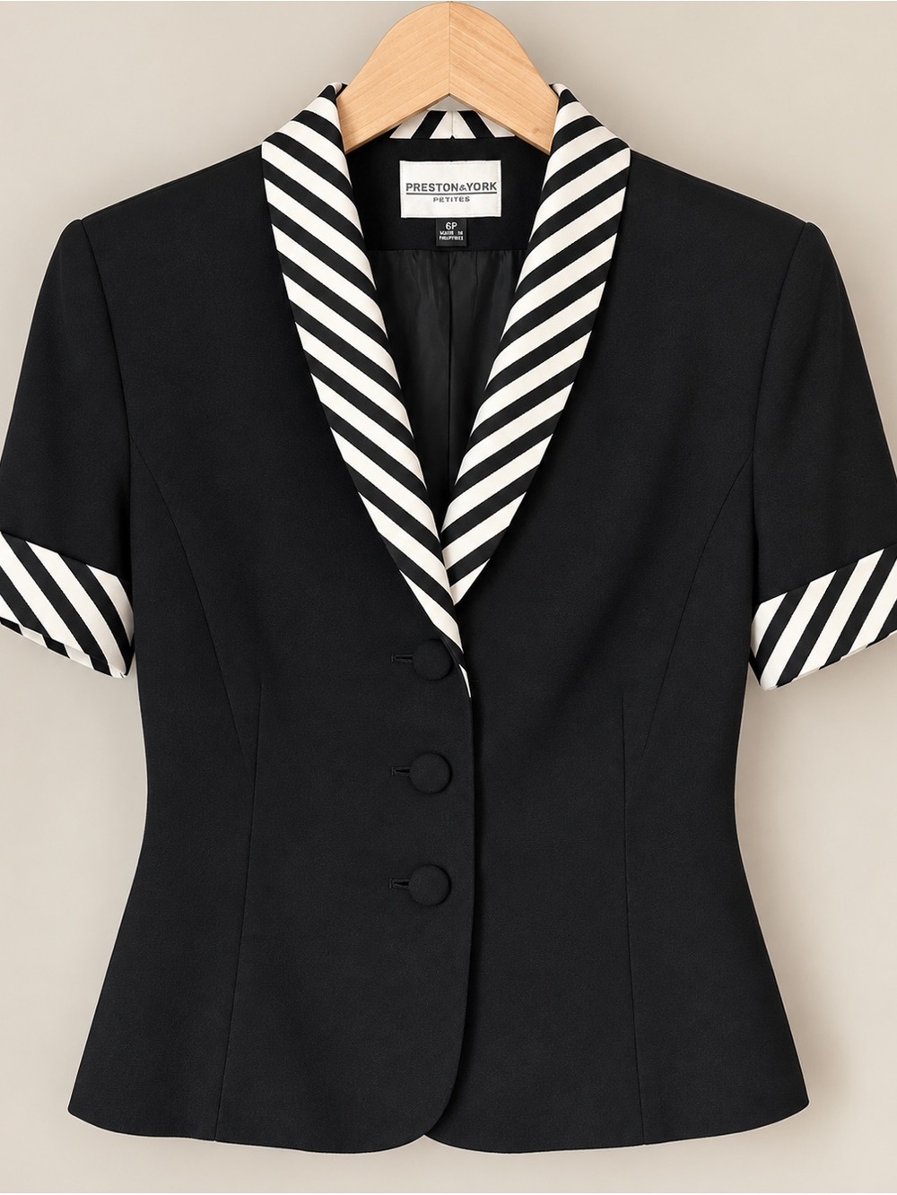 Preston & York Petite Black White Striped Short Sleeve Blazer 6P 🟫